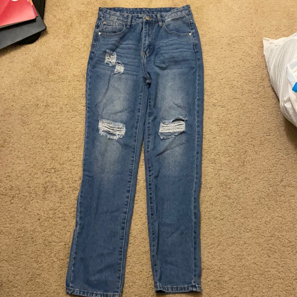 Bleach Wash High Waist Ripped Denim Jeans